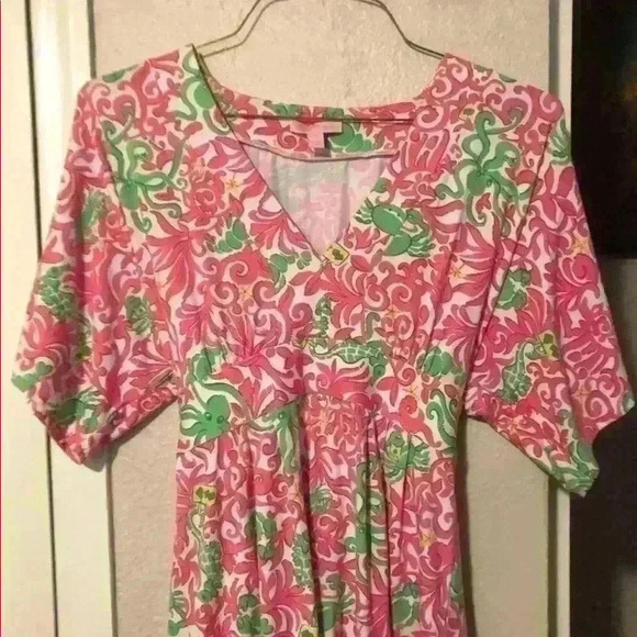 Lilly Pulitzer V-Neck Pink Green Tie-Waist Crab Octopus Money Tunic Dress - Picture 4 of 7